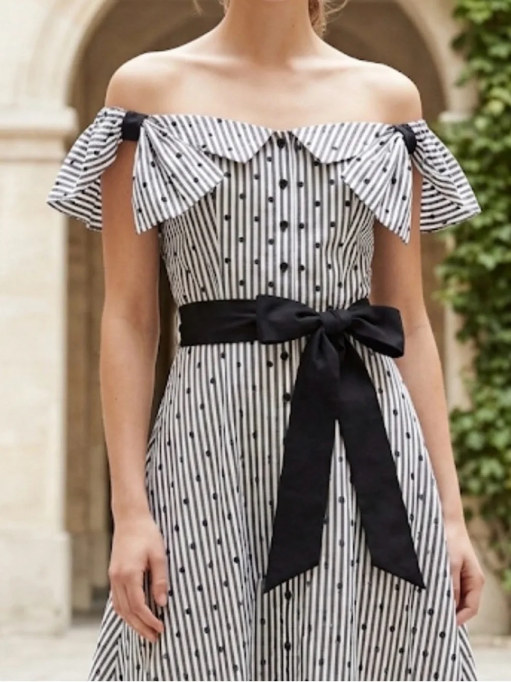 Anne Fontaine Polka Dot Striped Off-the-Shoulder Cotton Midi Dress Navy White 10